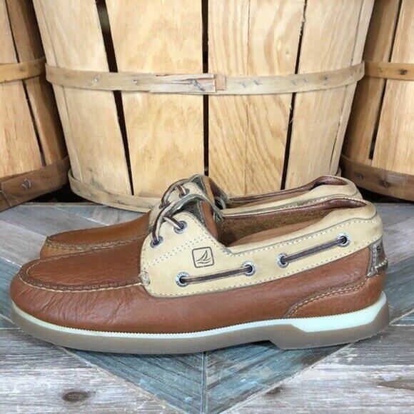 Sperry Mako 2-Eye Canoe Tan Cream Leather Lace-Up Boat Shoes Mens Size 7 - Picture 2 of 10